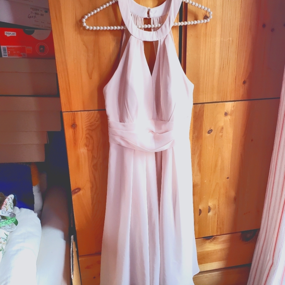 Azazie Very Pale Pink Chiffon Halter Top Cocktail Dress Size 10